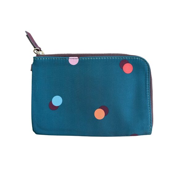 Fossil Zippered Teal & Multi Polka Dots Zip Around Leather Pull 4" X 6" - Picture 3 of 6